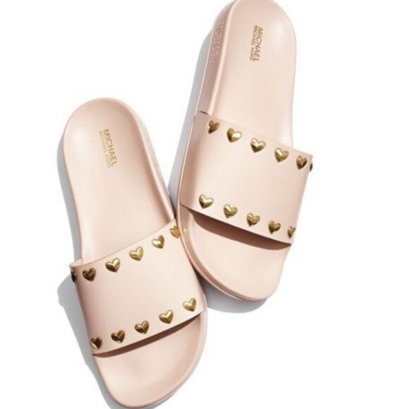 Womens Michael Michael Kors Light Pink Eva Heart Stud Slipper Slide Sandals 8 - Picture 1 of 12